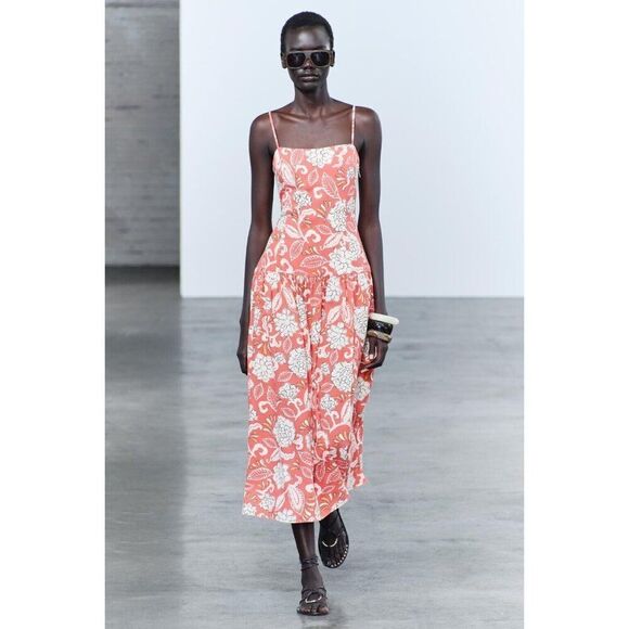 Zara Womens Midi Dress Strappy Size M Red Floral Sleeveless 2183/065 NWOT - Picture 1 of 10